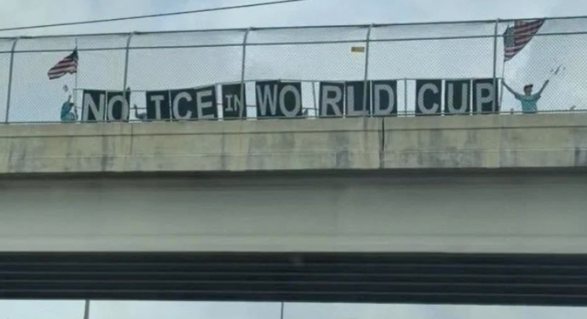 'NO ICE IN WORLD CUP' banner appears over I-95 in Riviera Beach